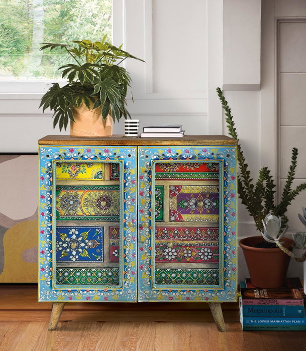 GINER Y COLOMER Commode en bois de manguier naturel et multicolore
